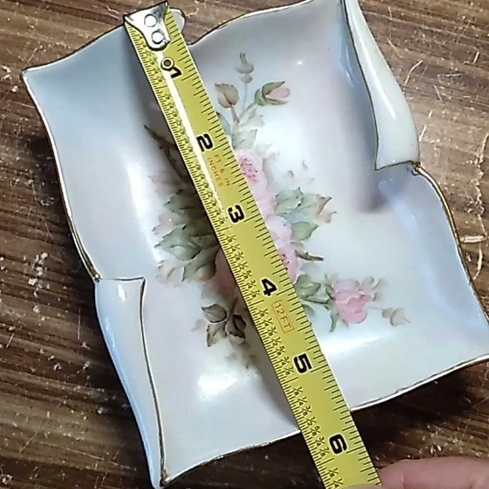 Vintage Limoges Porcelain trinket tray hand painted signed 1960 ponk floral rose